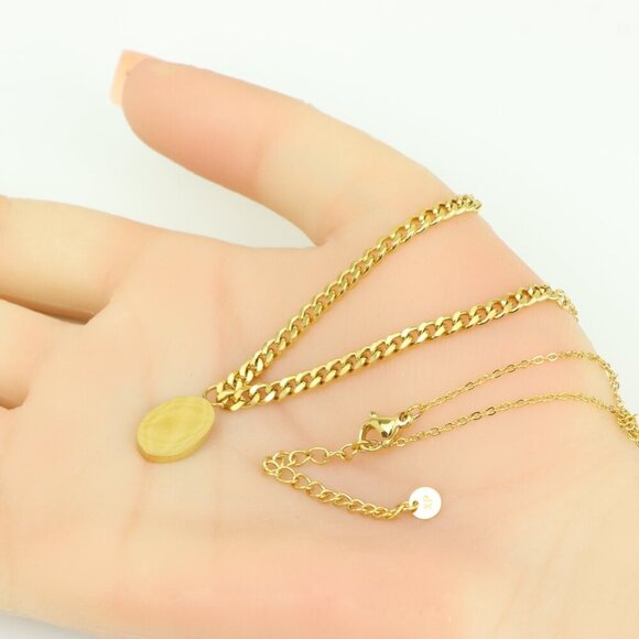 Chic Dual Chain Yellow Necklace with Polished Oval Pendant Charm, XPNL0366 - Picture 5 of 13